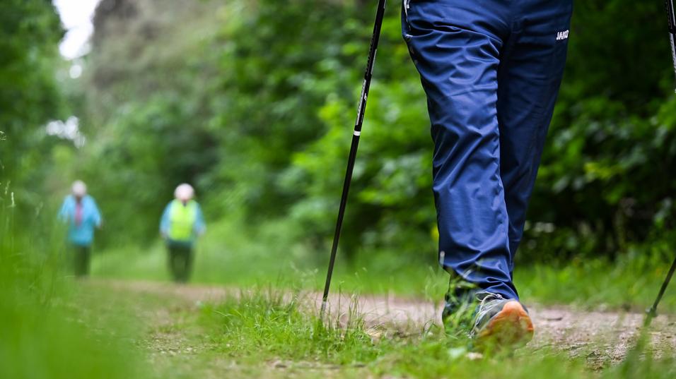 Nahaufnahme eines wandernden Fußes mit Trekkingstock auf einem schmalen Weg, im Hintergrund zwei weitere Personen.
